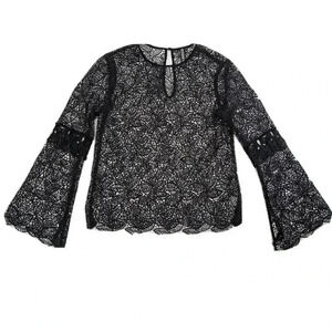 Yoana Baraschi Black Floral Lace Bell Sleeve Blouse Top Size XS Sheer Keyhole
